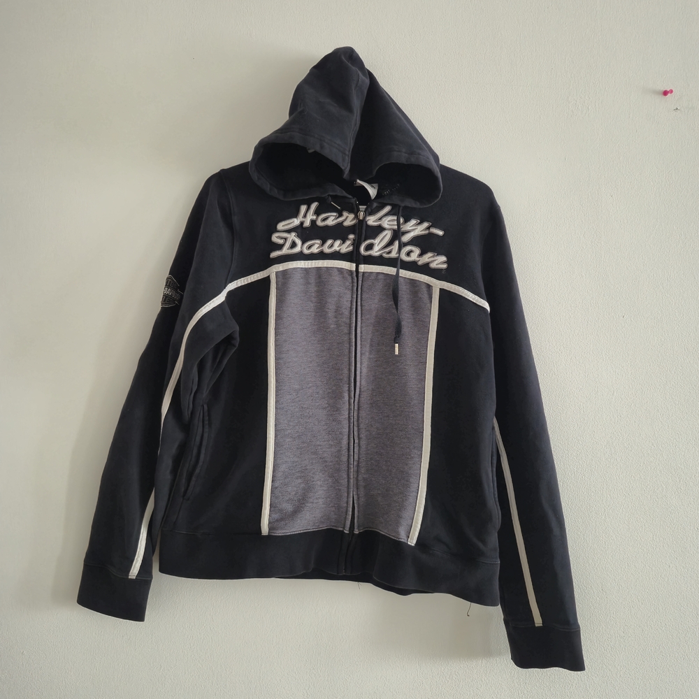 Harley-Davidson Unisex Black and Gray Zip-Up Jacket Wih Hood